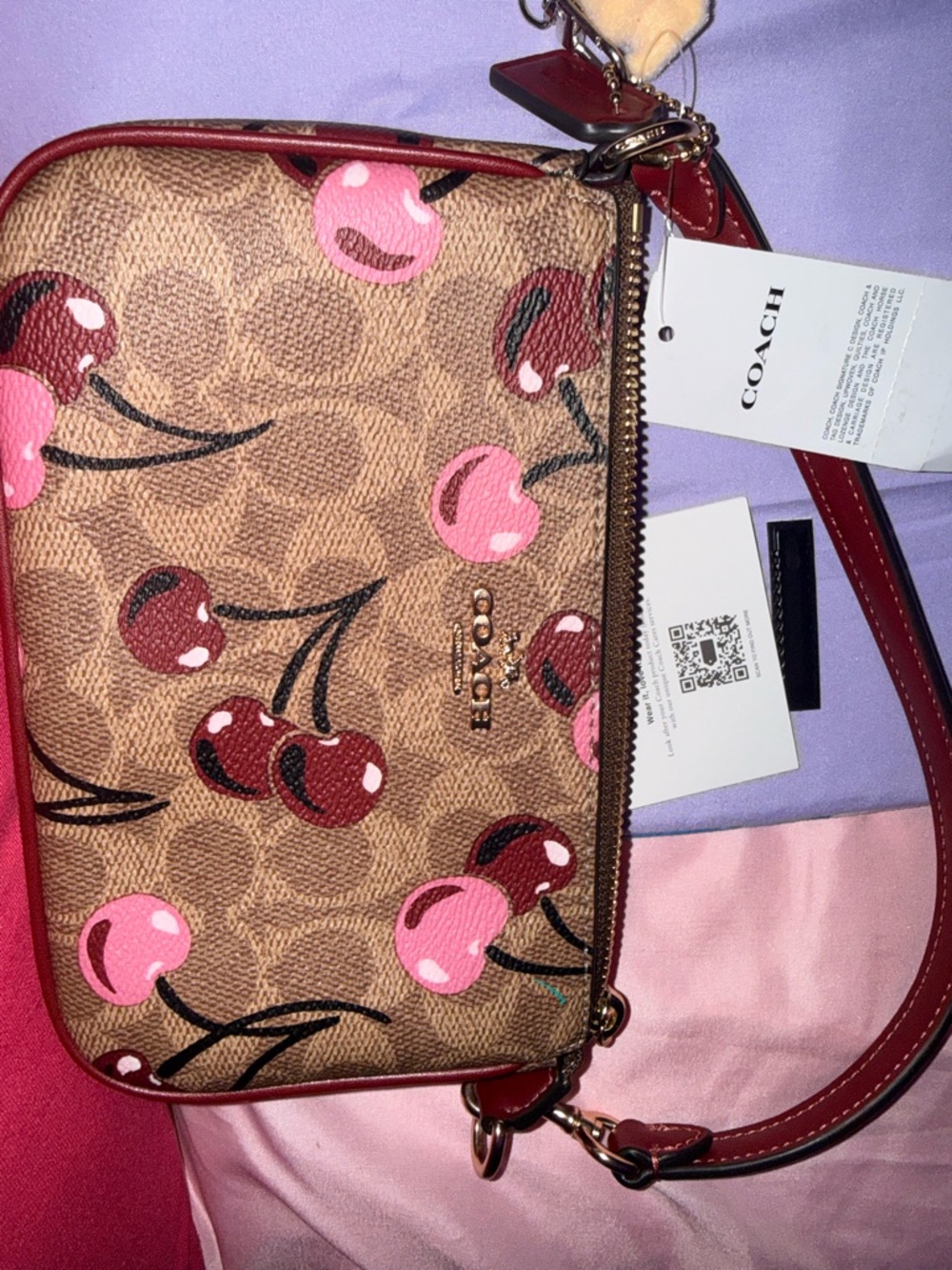 Coach Cherry Print Crossbody Bag in Brown with Red and Pink Accents
